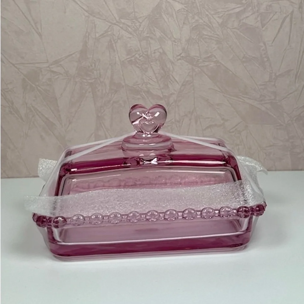 Pink Glass Butter Dish with Heart Handle